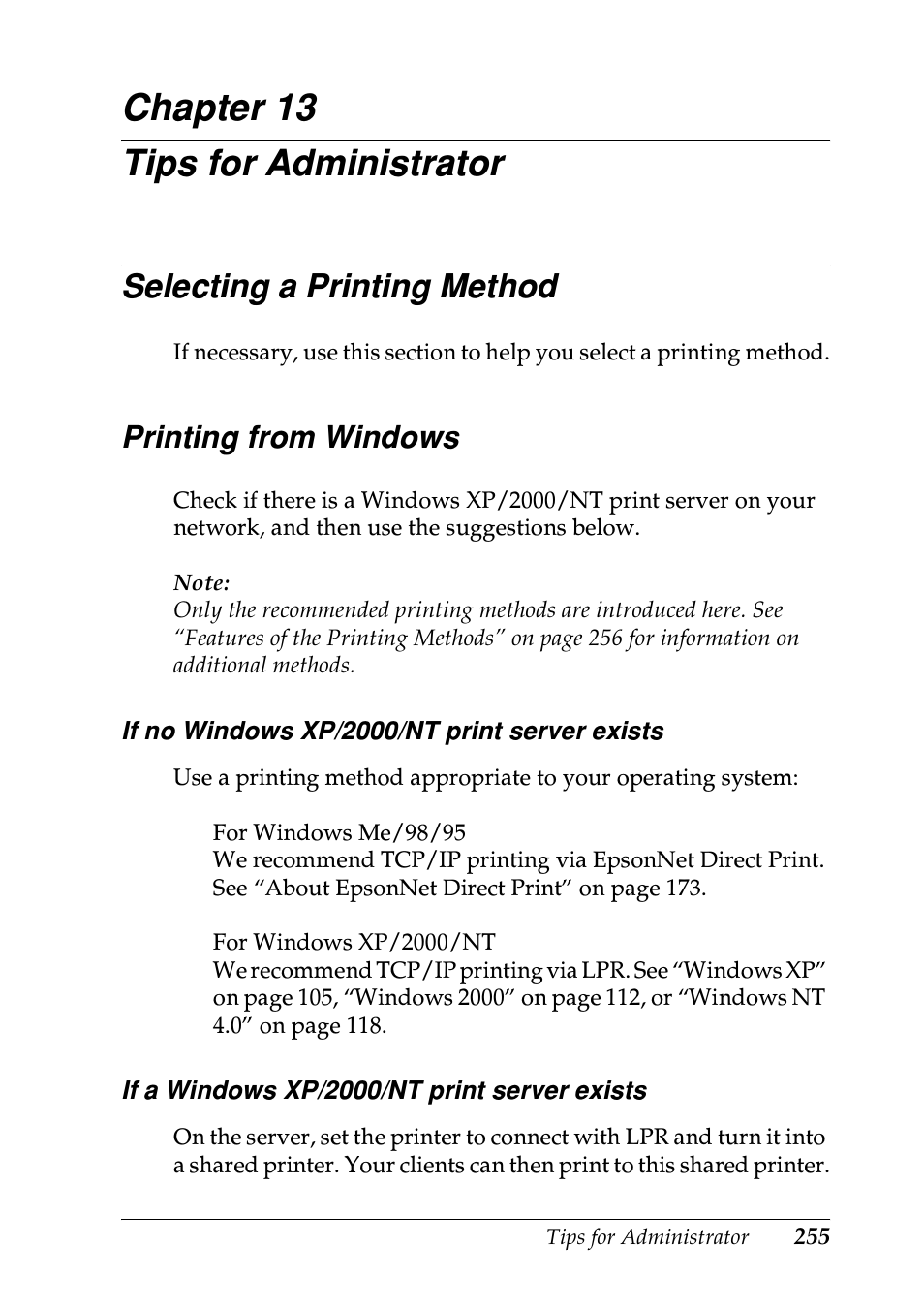Tips for administrator, Selecting a printing method, Printing from windows | Chapter 13, Selecting a printing method” fo | Epson EPL-N7000 User Manual | Page 253 / 274