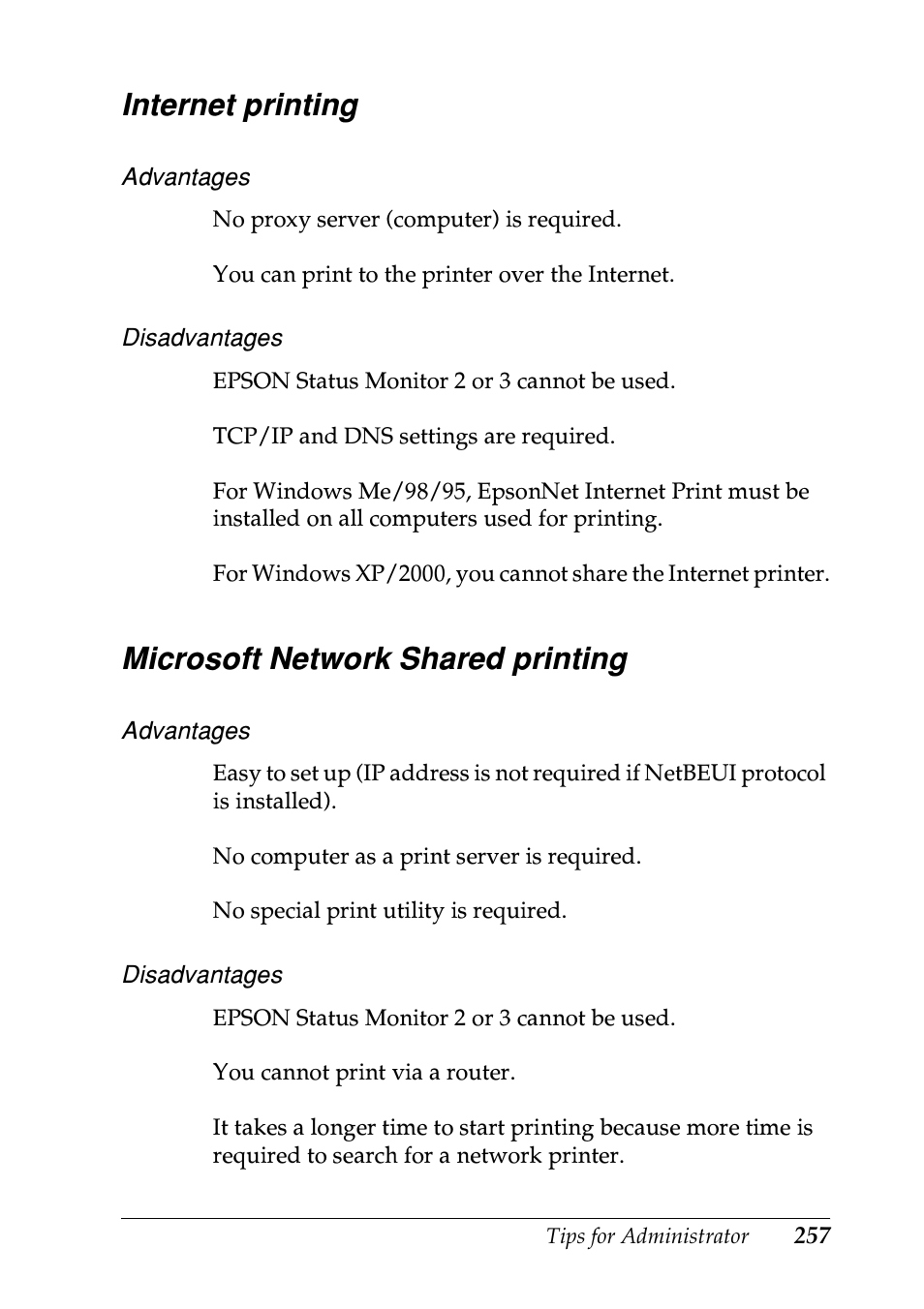 Internet printing, Microsoft network shared printing | Epson EPL-N7000 User Manual | Page 255 / 274