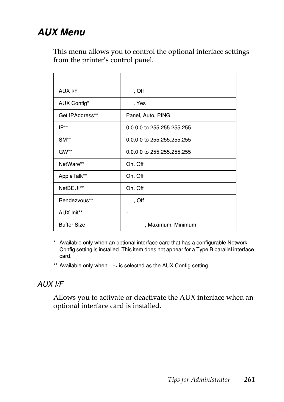 Aux menu | Epson EPL-N7000 User Manual | Page 259 / 274