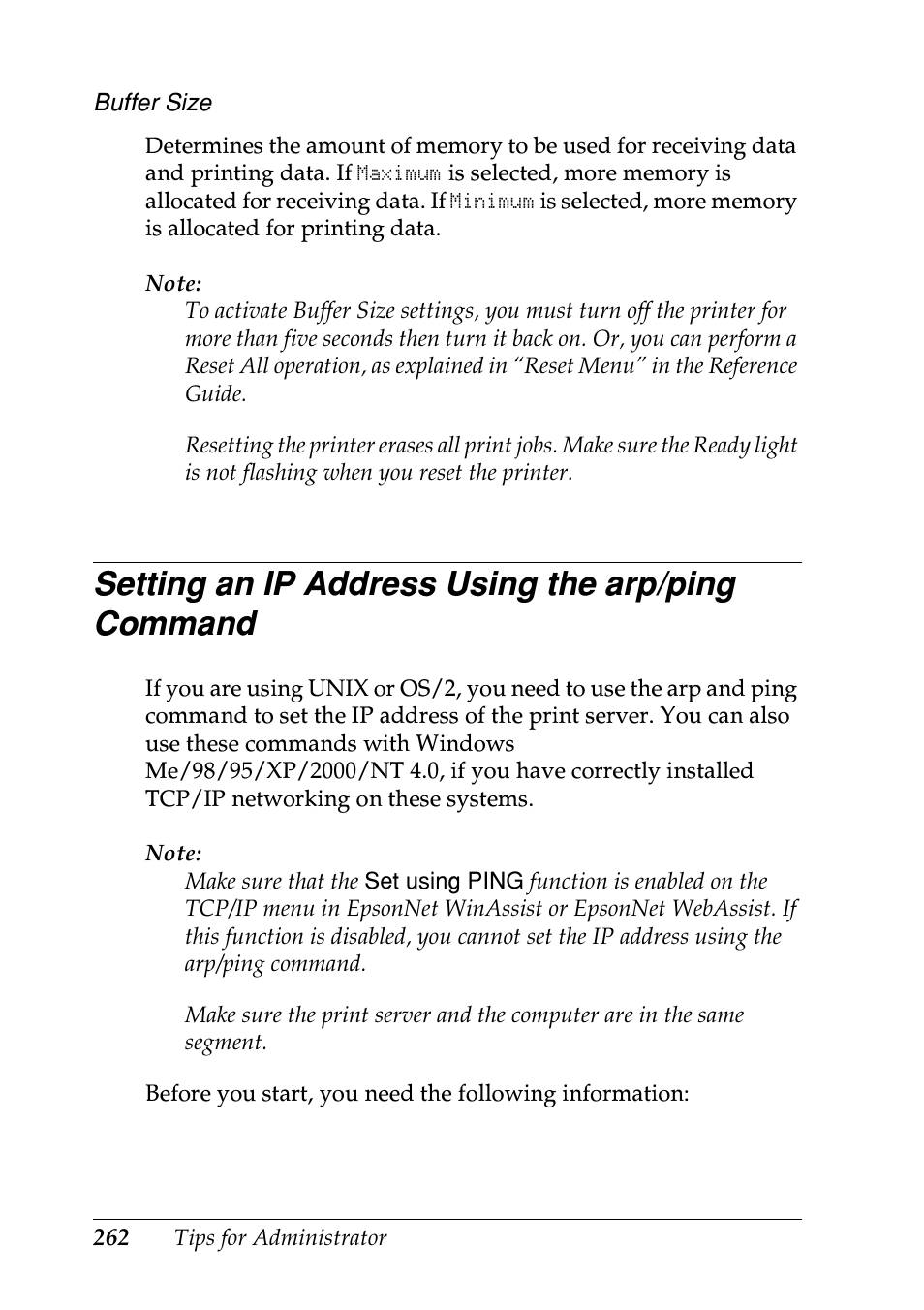 Setting an ip address using the arp/ping command | Epson EPL-N7000 User Manual | Page 260 / 274