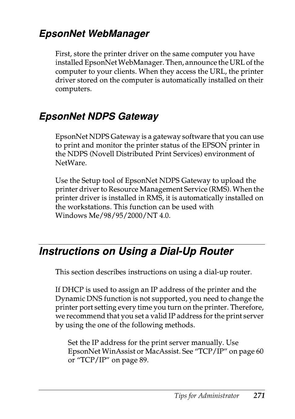 Epsonnet webmanager, Epsonnet ndps gateway, Instructions on using a dial-up router | Epsonnet webmanager epsonnet ndps gateway | Epson EPL-N7000 User Manual | Page 269 / 274