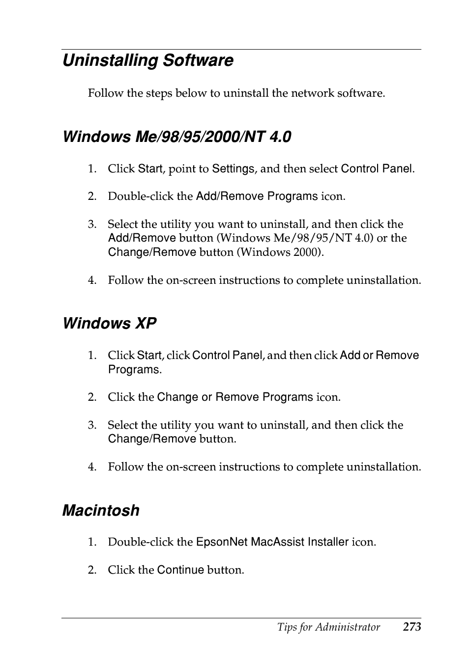 Uninstalling software, Windows me/98/95/2000/nt 4.0, Windows xp | Macintosh, Windows me/98/95/2000/nt 4.0 windows xp macintosh | Epson EPL-N7000 User Manual | Page 271 / 274