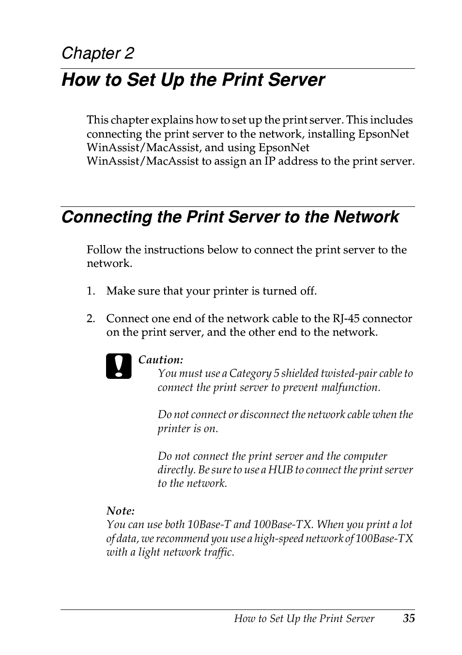 How to set up the print server, Connecting the print server to the network, Chapter 2 | Epson EPL-N7000 User Manual | Page 35 / 274