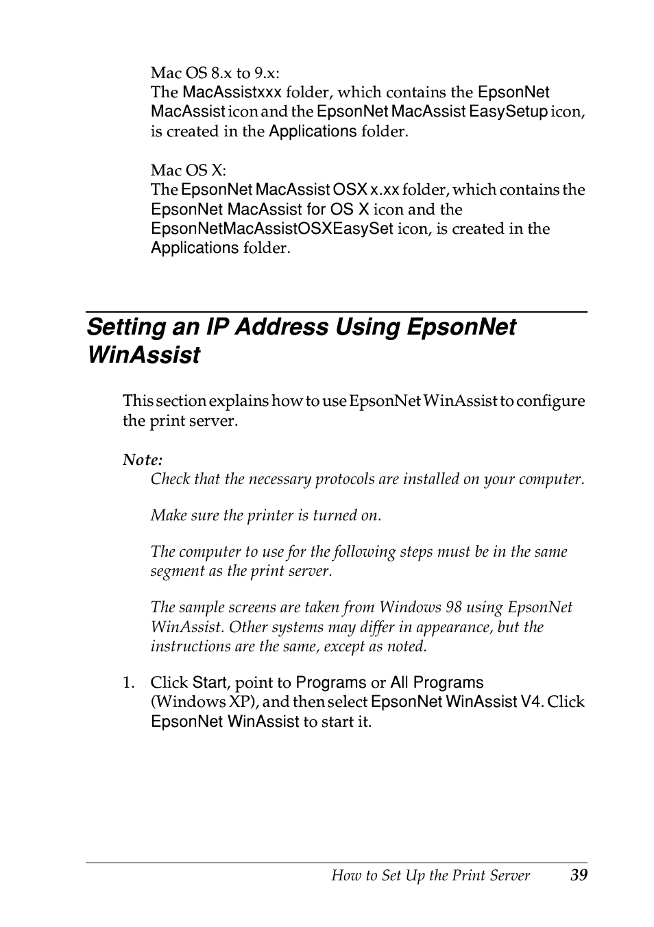 Setting an ip address using epsonnet winassist | Epson EPL-N7000 User Manual | Page 39 / 274