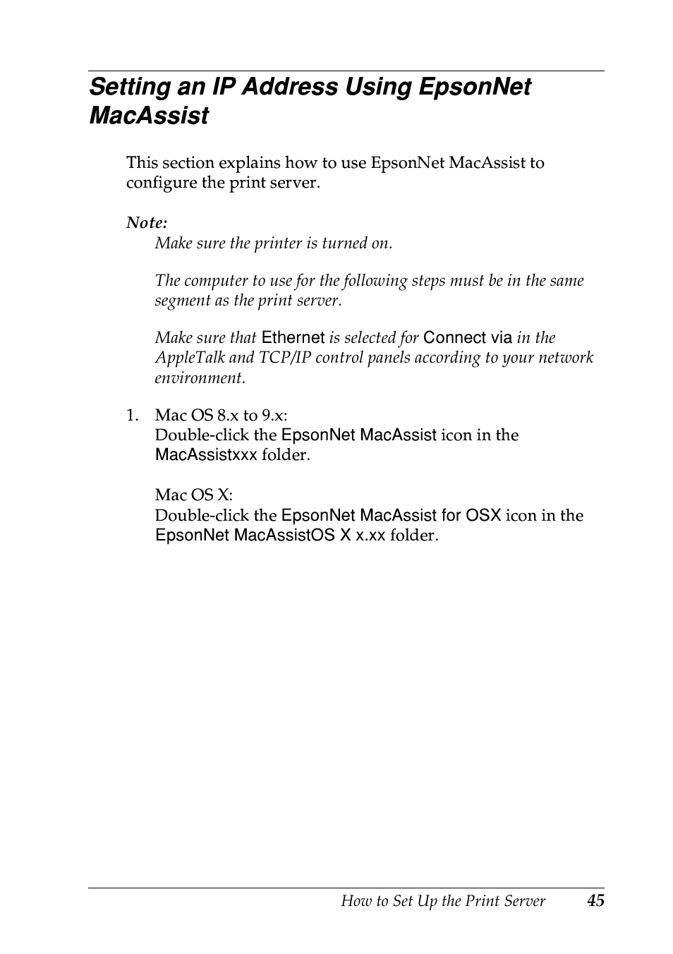 Setting an ip address using epsonnet macassist | Epson EPL-N7000 User Manual | Page 45 / 274