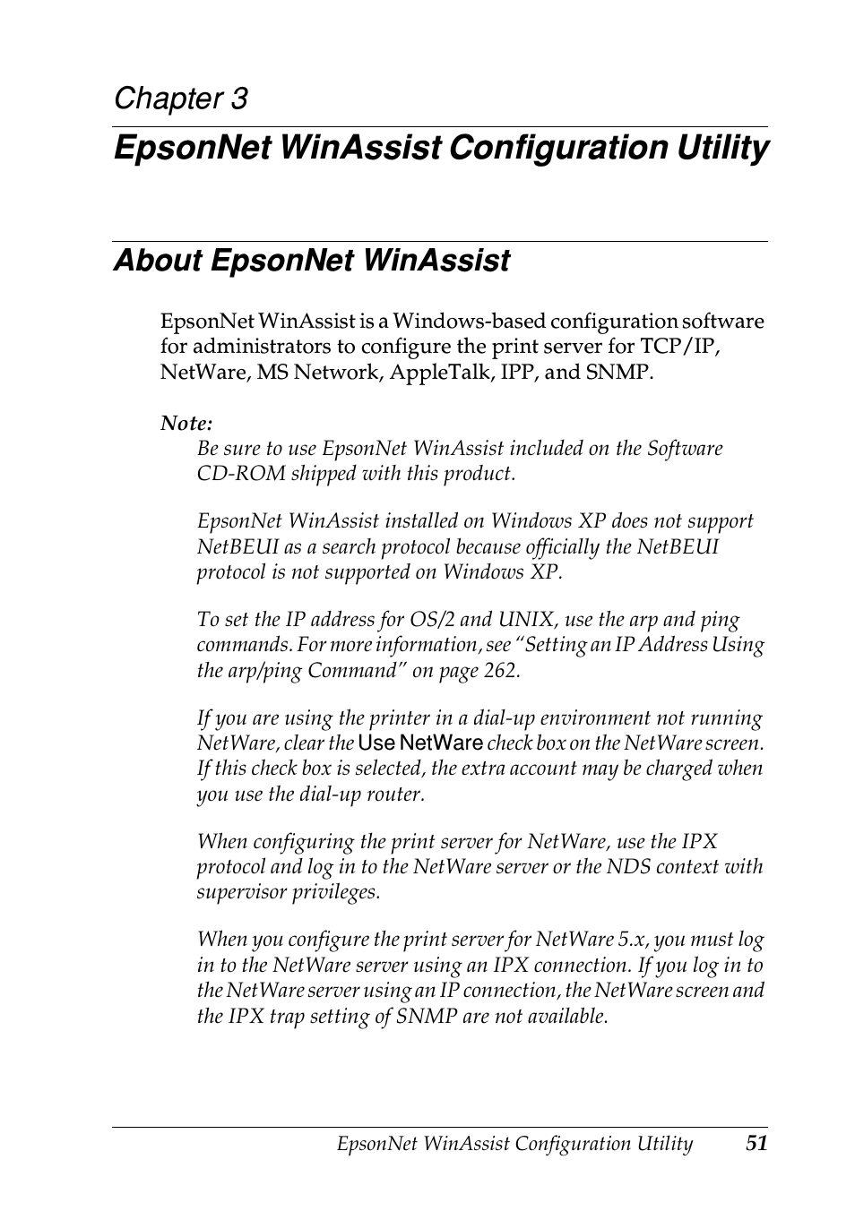 Epsonnet winassist configuration utility, About epsonnet winassist, Chapter 3 epso | Ee “about epsonnet winassist”. fo | Epson EPL-N7000 User Manual | Page 51 / 274