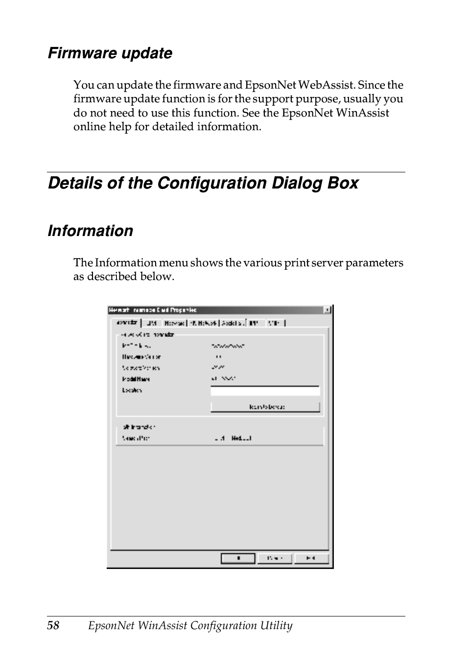 Firmware update, Details of the configuration dialog box, Information | Epson EPL-N7000 User Manual | Page 58 / 274