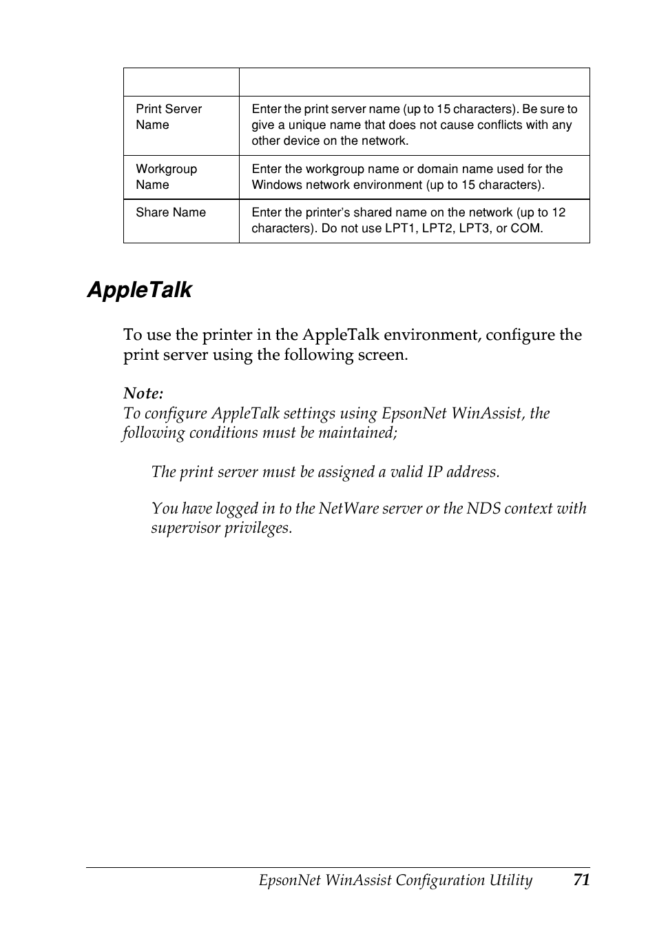 Appletalk | Epson EPL-N7000 User Manual | Page 71 / 274