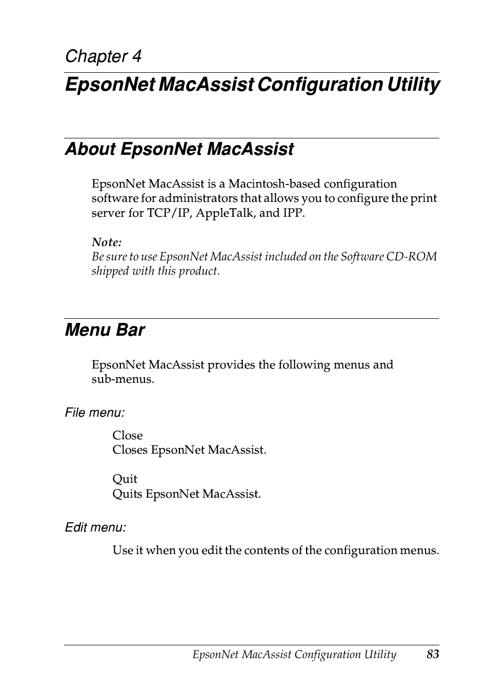 Epsonnet macassist configuration utility, About epsonnet macassist, Menu bar | Chapter 4 e, About epsonnet macassist menu bar, S, see “about epsonnet macassist | Epson EPL-N7000 User Manual | Page 83 / 274