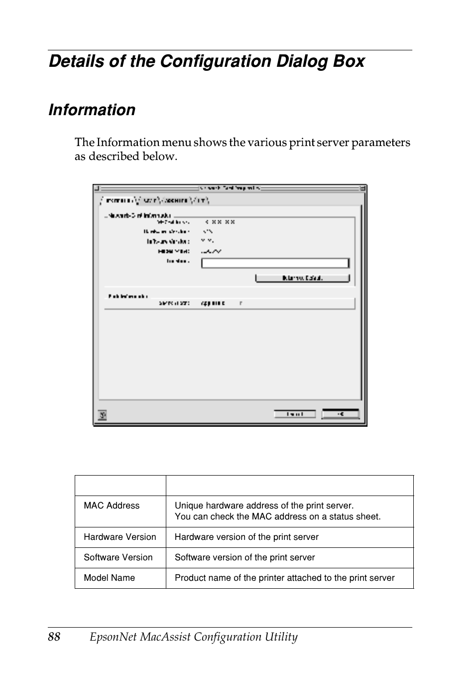 Details of the configuration dialog box, Information | Epson EPL-N7000 User Manual | Page 88 / 274
