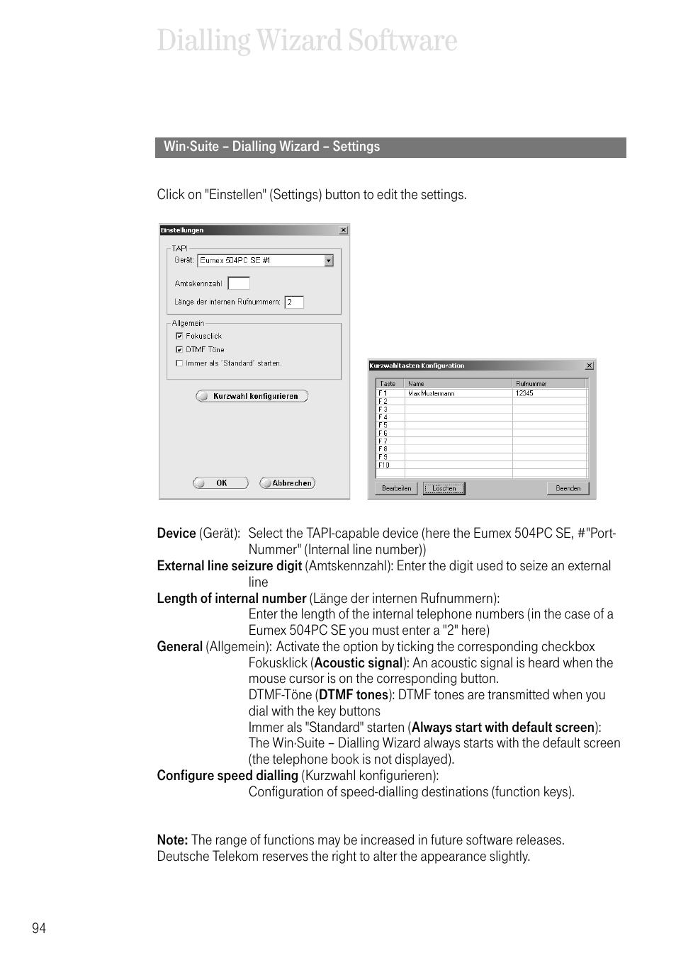 Win·suite – dialling wizard – settings, Dialling wizard software | Deutsche Telekom T-Eumex 504PC SE User Manual | Page 102 / 120