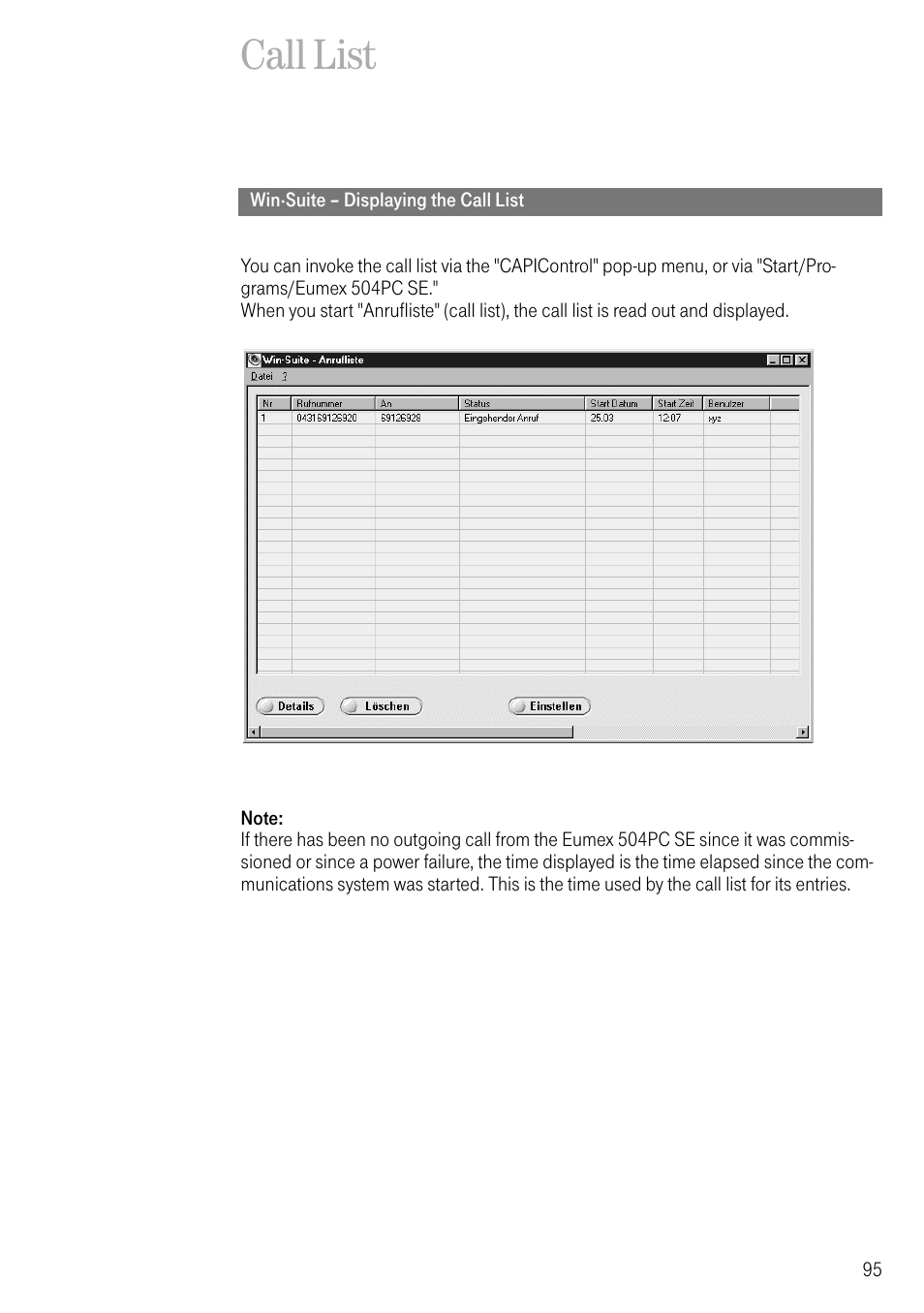 Call list, Win·suite – displaying the call list | Deutsche Telekom T-Eumex 504PC SE User Manual | Page 103 / 120