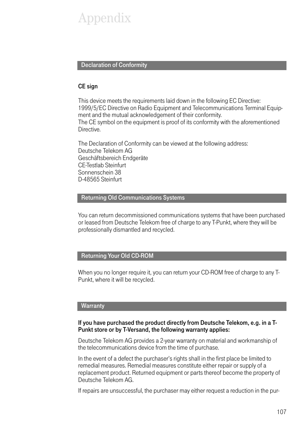 Declaration of conformity, Returning old communications systems, Returning old cd-rom | Warranty, Appendix | Deutsche Telekom T-Eumex 504PC SE User Manual | Page 115 / 120