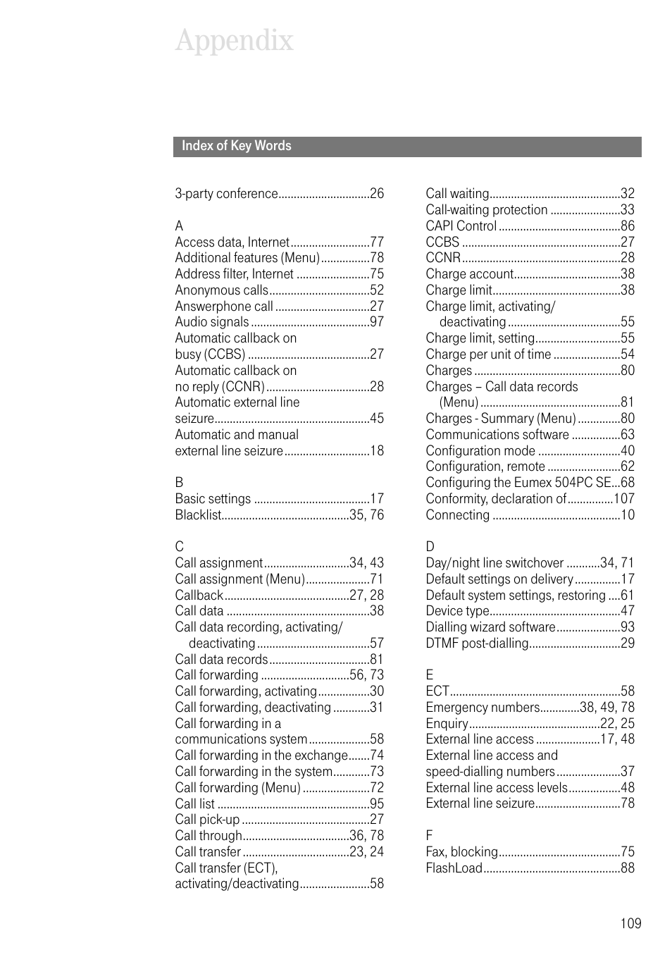 Index of key words, Appendix | Deutsche Telekom T-Eumex 504PC SE User Manual | Page 117 / 120