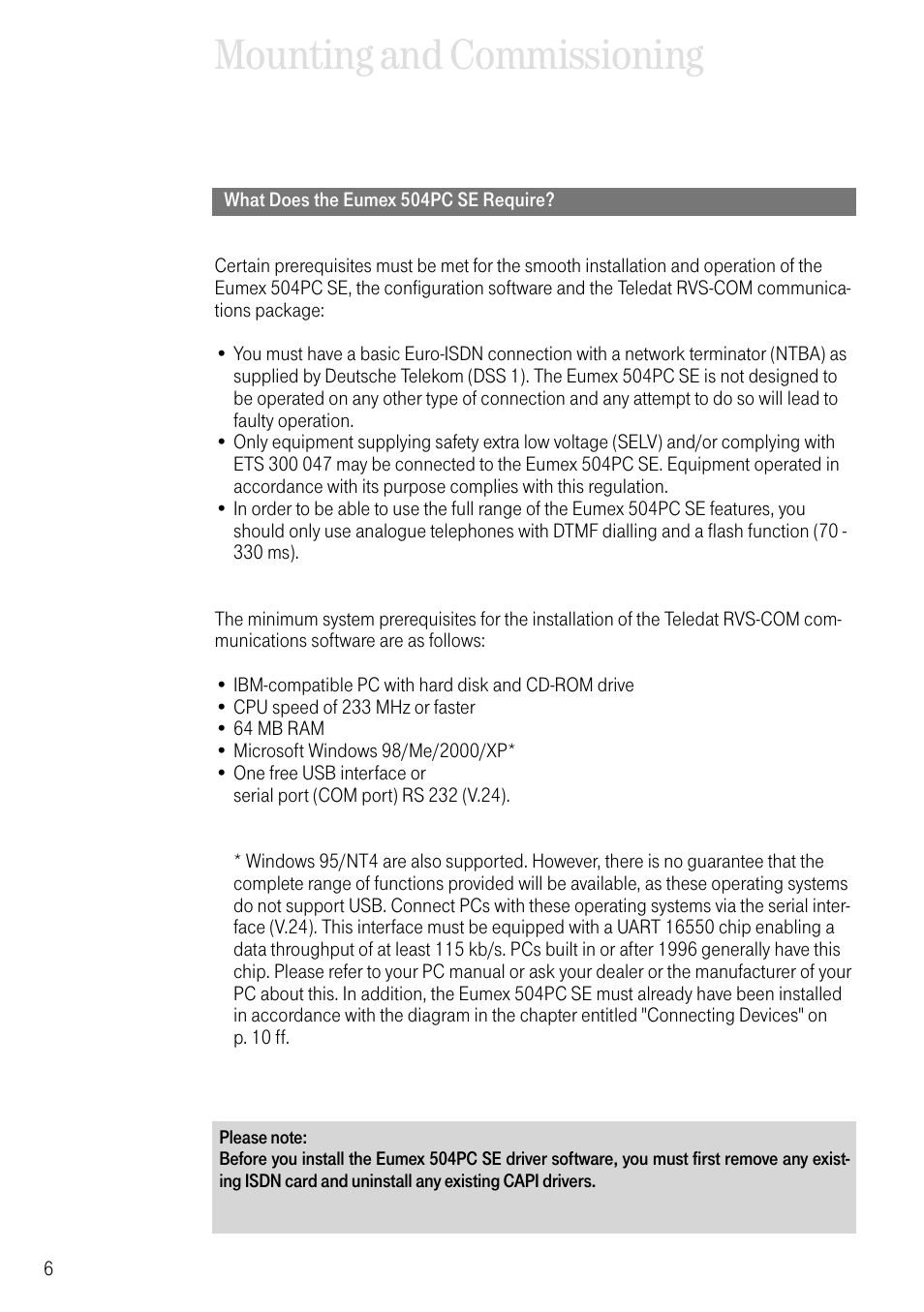 What does the eumex 504pc se require, Mounting and commissioning | Deutsche Telekom T-Eumex 504PC SE User Manual | Page 14 / 120