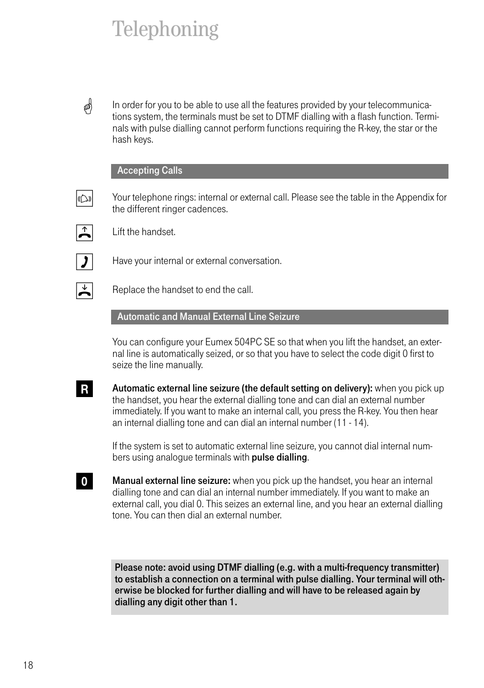 Telephoning, Accepting calls, Automatic and manual external line seizure | Deutsche Telekom T-Eumex 504PC SE User Manual | Page 26 / 120