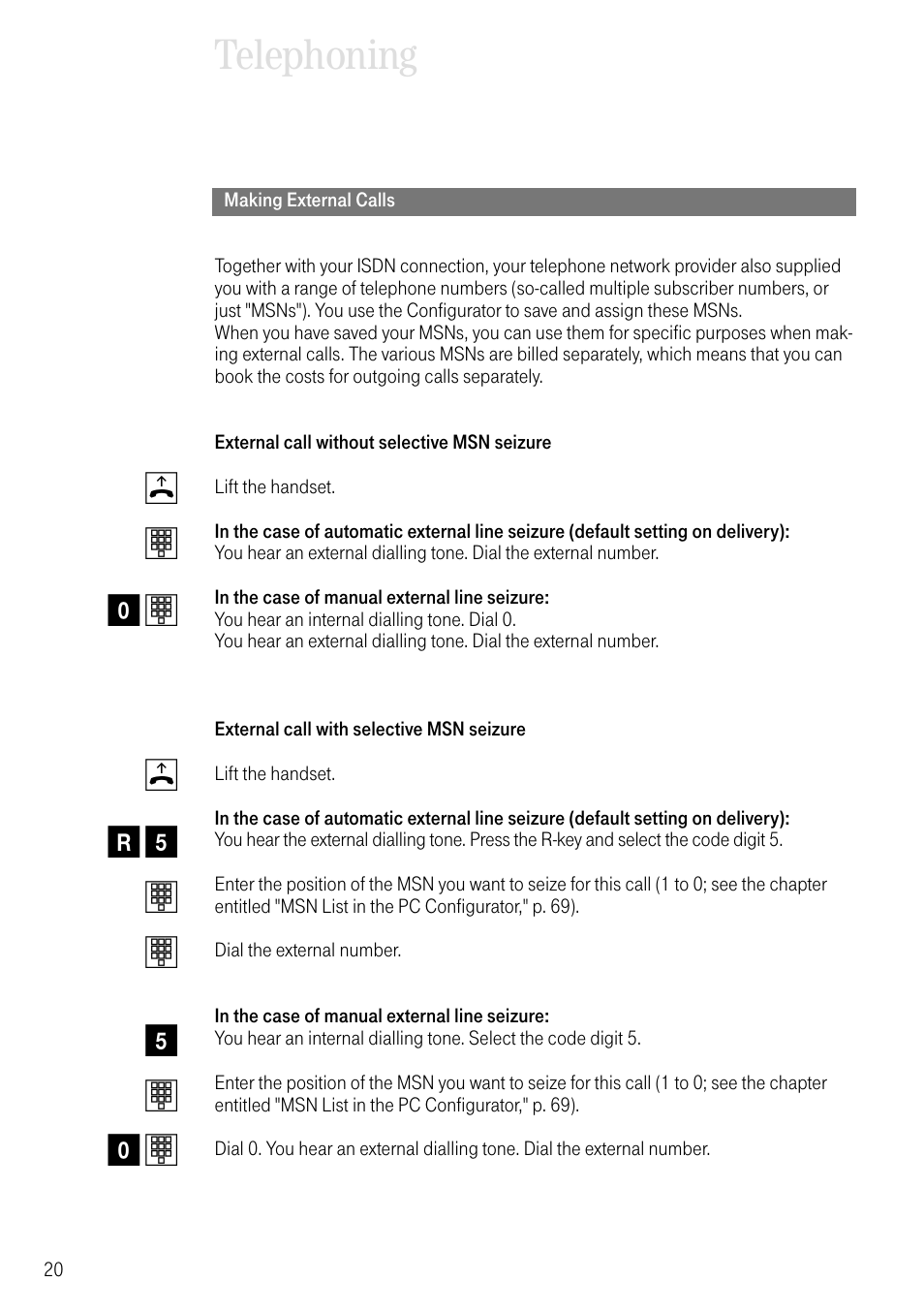Making external calls, Telephoning, Bt 0 t b r 5 t t 5 t 0 t | Deutsche Telekom T-Eumex 504PC SE User Manual | Page 28 / 120