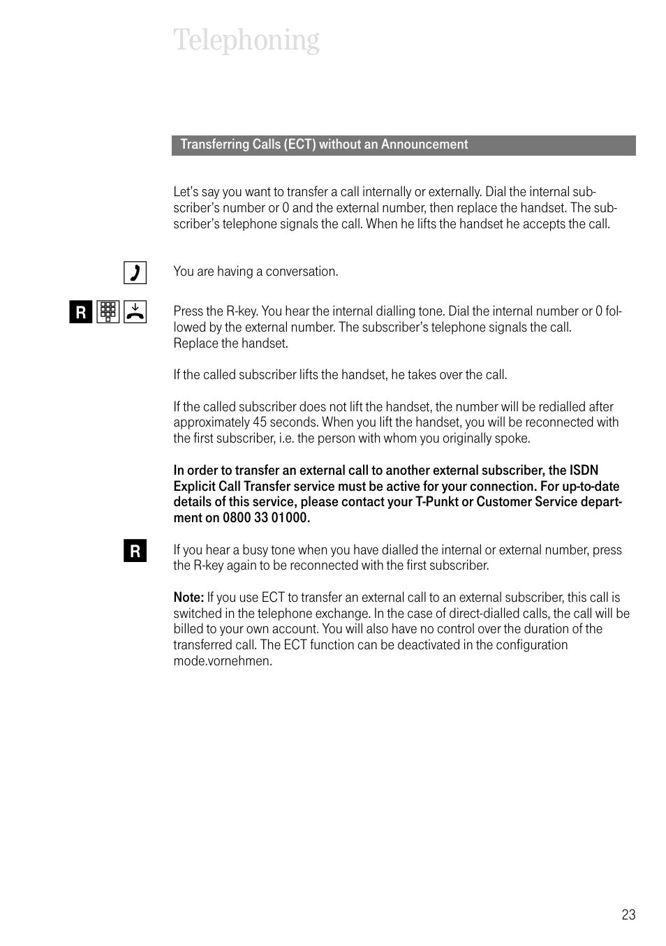 Transferring calls (ect) without an announcement, Telephoning gespräch weitergeben, Cr t d r | Deutsche Telekom T-Eumex 504PC SE User Manual | Page 31 / 120