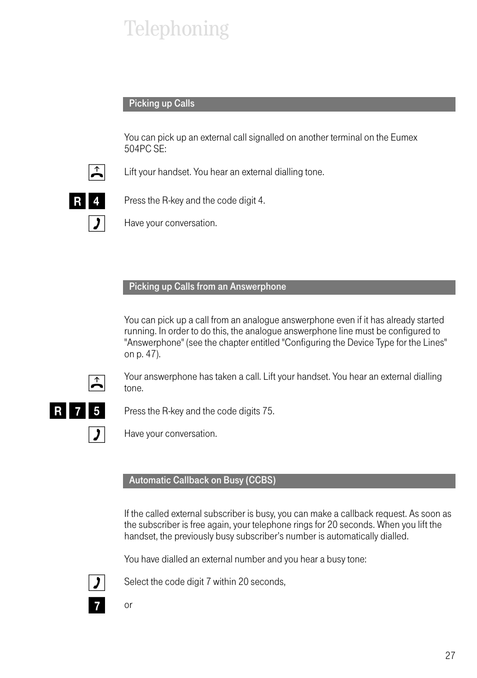 Picking up calls, Picking up calls from an answerphone, Automatic callback on busy (ccbs) | Telephoning, Br 4 c, Br 7 5 c | Deutsche Telekom T-Eumex 504PC SE User Manual | Page 35 / 120