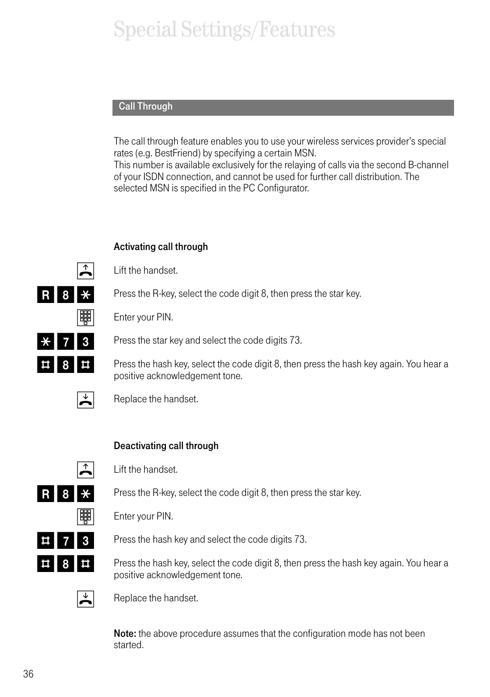 Call through, Special settings/features | Deutsche Telekom T-Eumex 504PC SE User Manual | Page 44 / 120