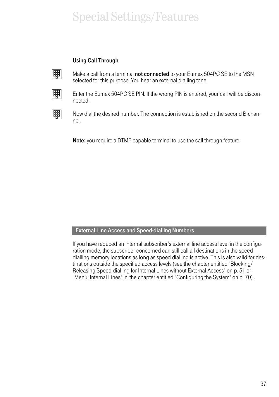 External line access and speed-dialling numbers, Special settings/features | Deutsche Telekom T-Eumex 504PC SE User Manual | Page 45 / 120