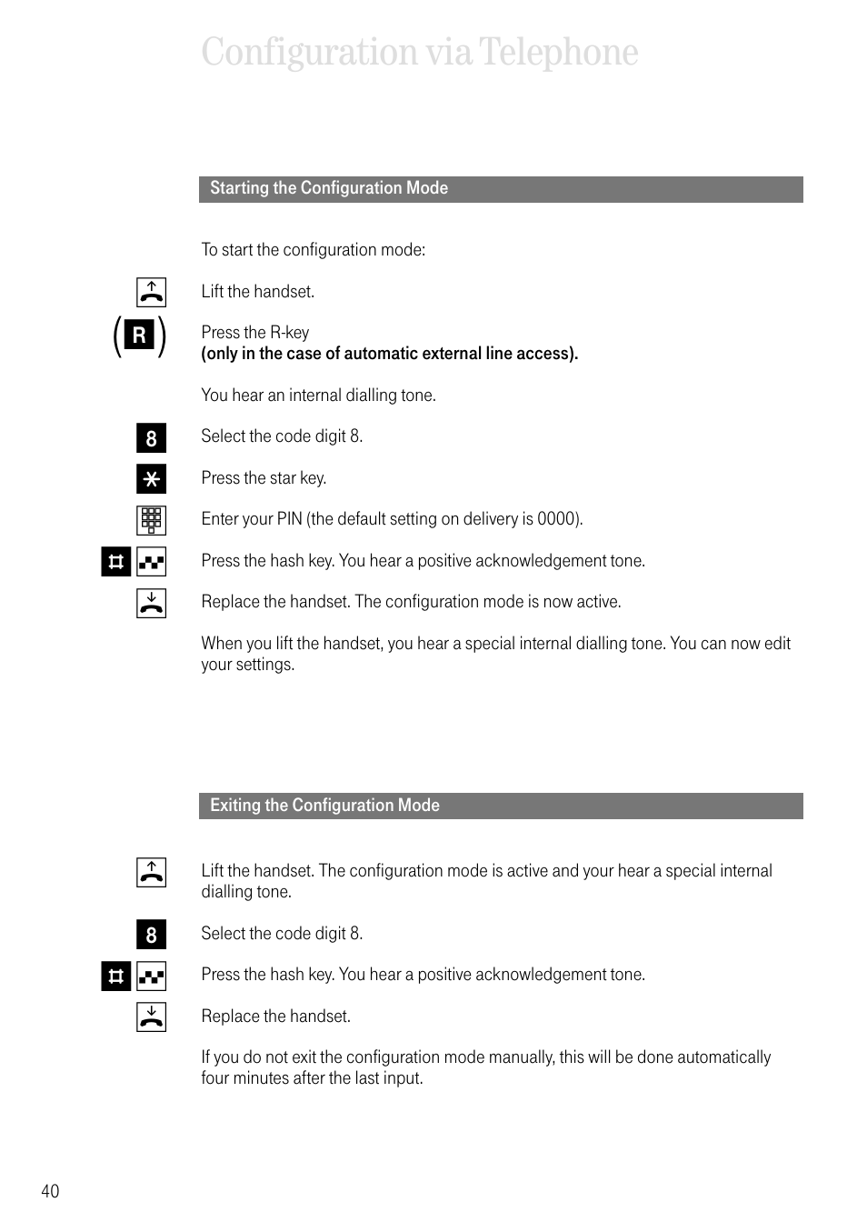 Starting the configuration mode, Exiting the configuration mode, Configuration via telephone | 8 * t # q d b 8 # q d | Deutsche Telekom T-Eumex 504PC SE User Manual | Page 48 / 120