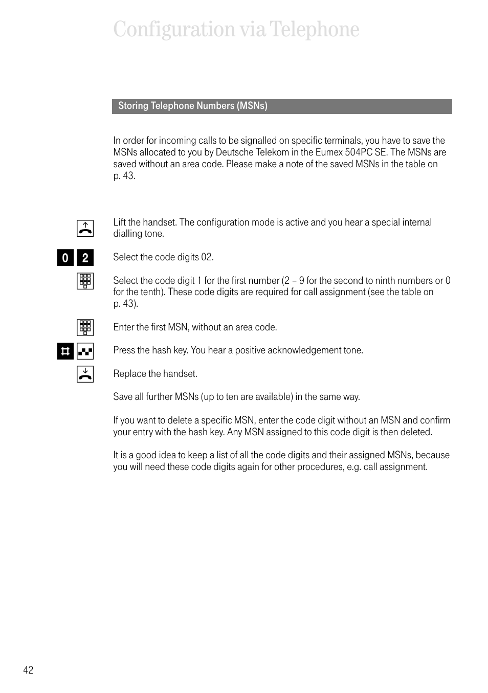 Storing telephone numbers (msns), Configuration via telephone, B0 2 t t # q d | Deutsche Telekom T-Eumex 504PC SE User Manual | Page 50 / 120