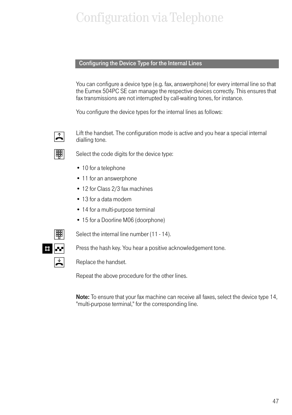 Configuring the device type for the internal lines, Configuration via telephone, Bt t # q d | Deutsche Telekom T-Eumex 504PC SE User Manual | Page 55 / 120
