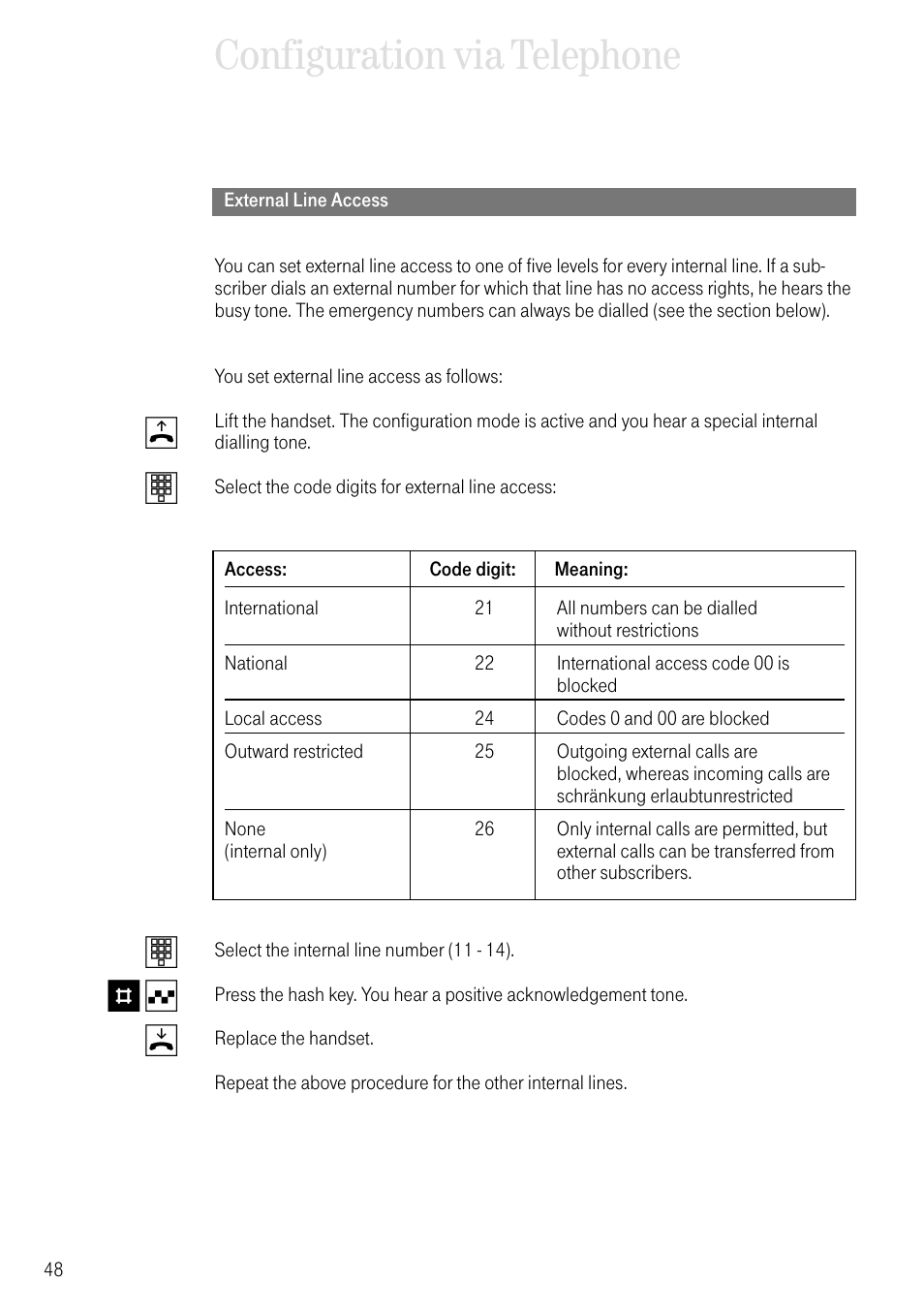 External line access, Configuration via telephone, Bt t # q d | Deutsche Telekom T-Eumex 504PC SE User Manual | Page 56 / 120