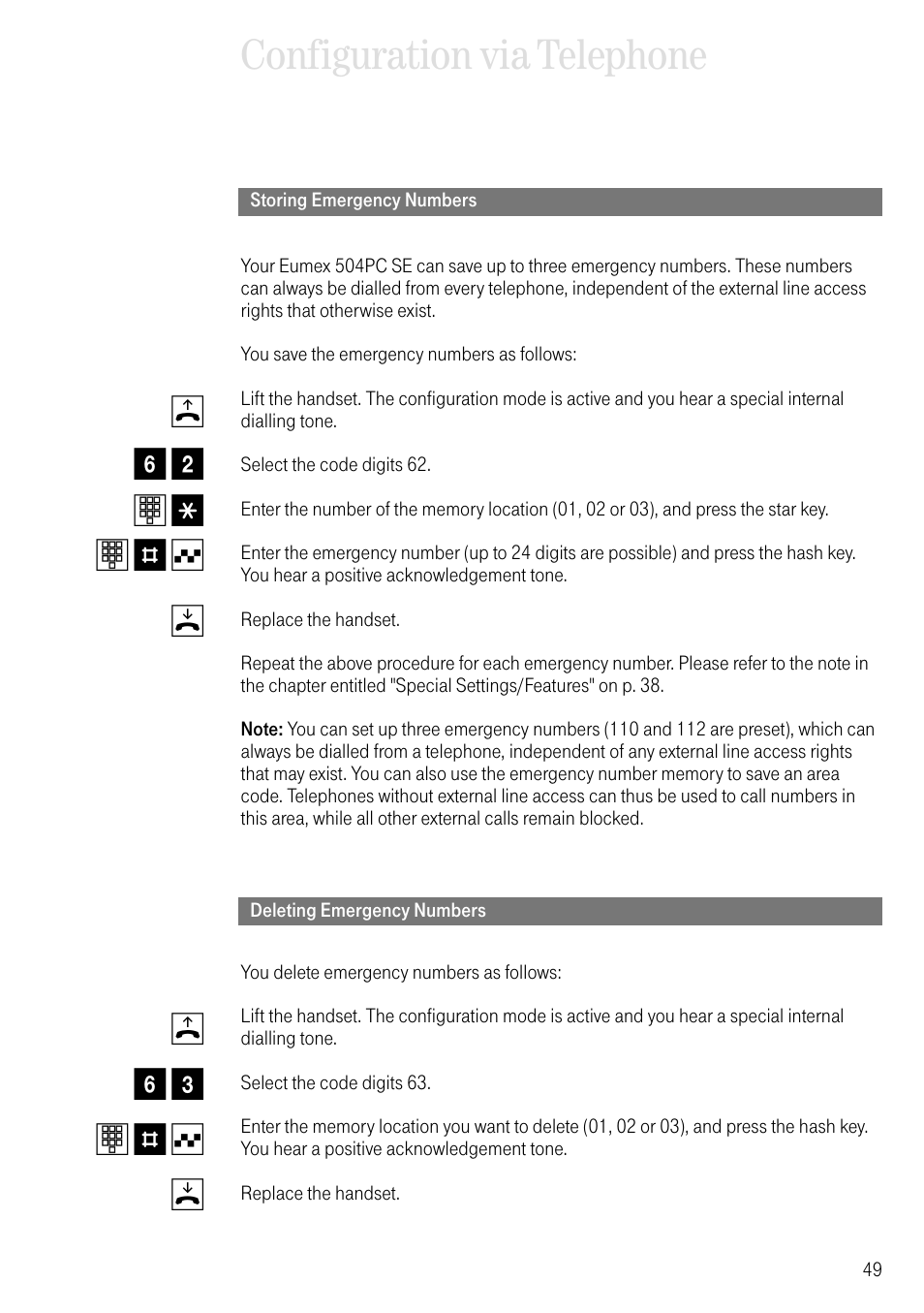 Storing emergency numbers, Deleting emergency numbers, Configuration via telephone | B6 2 t * t # q d b 6 3 t # q d | Deutsche Telekom T-Eumex 504PC SE User Manual | Page 57 / 120