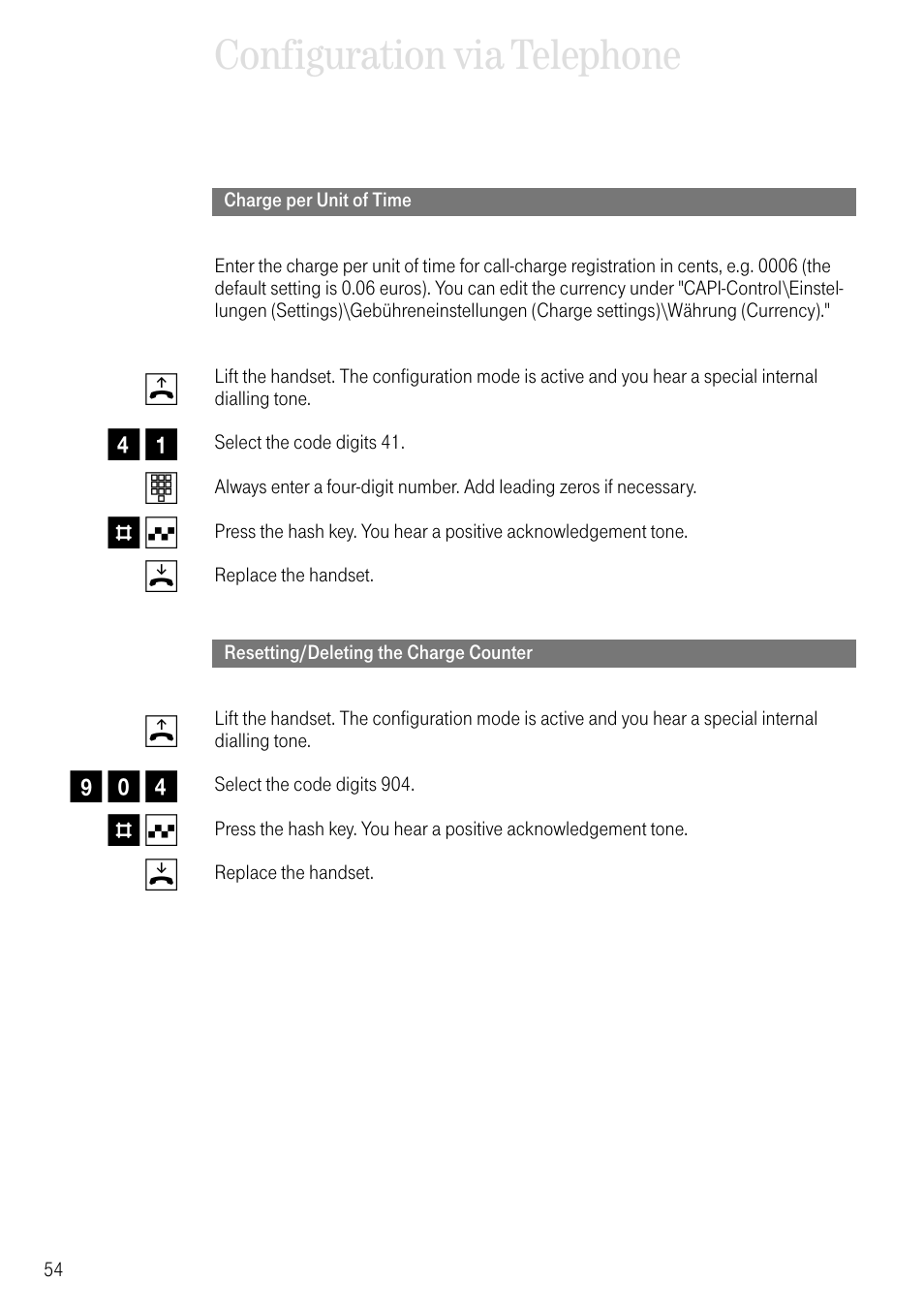 Charge per unit of time, Resetting/deleting the charge counter, Configuration via telephone | Deutsche Telekom T-Eumex 504PC SE User Manual | Page 62 / 120