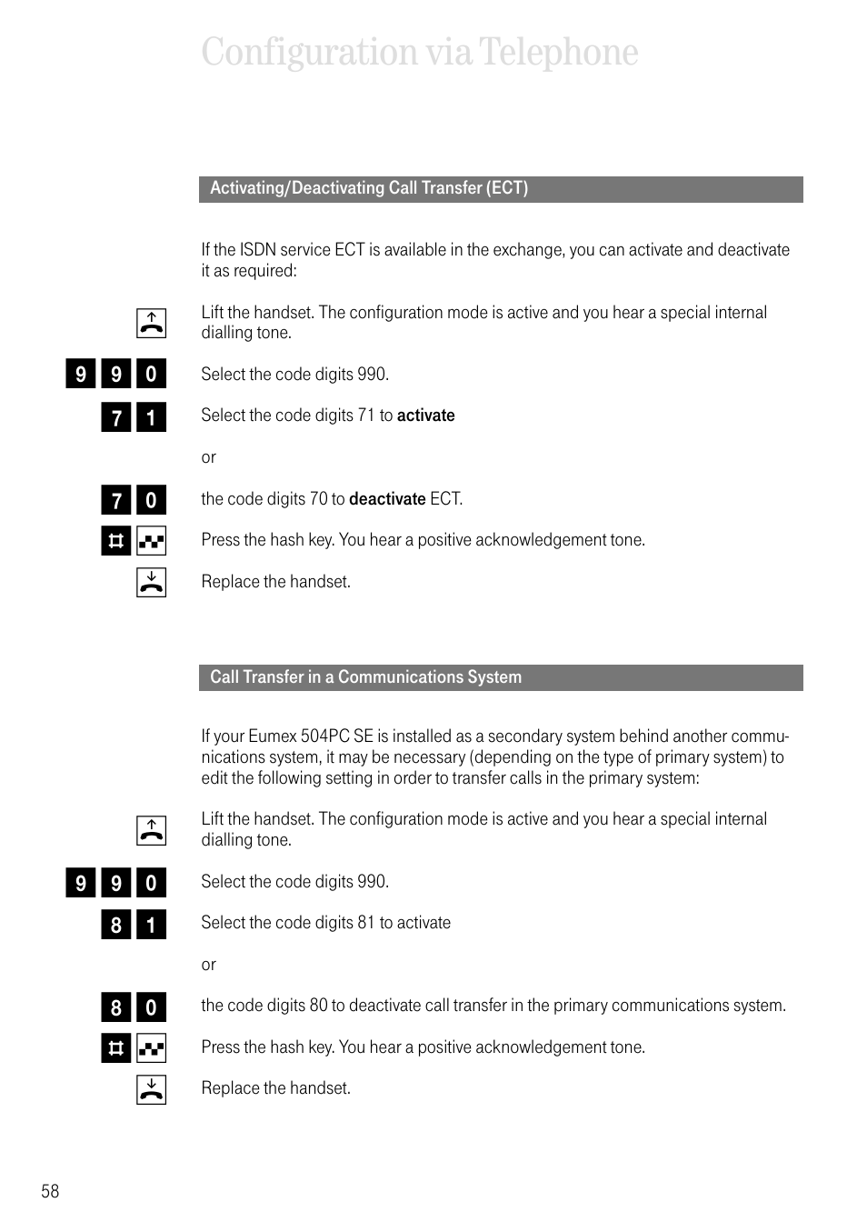 Activating/deactivating call transfer (ect), Call transfer in a communications system, Configuration via telephone | Deutsche Telekom T-Eumex 504PC SE User Manual | Page 66 / 120