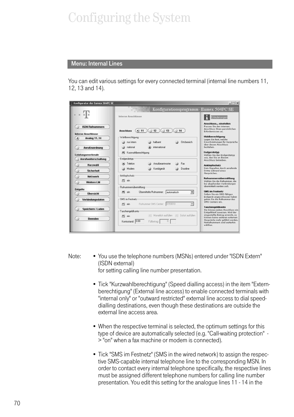 Menu: internal lines, Configuring the system | Deutsche Telekom T-Eumex 504PC SE User Manual | Page 78 / 120