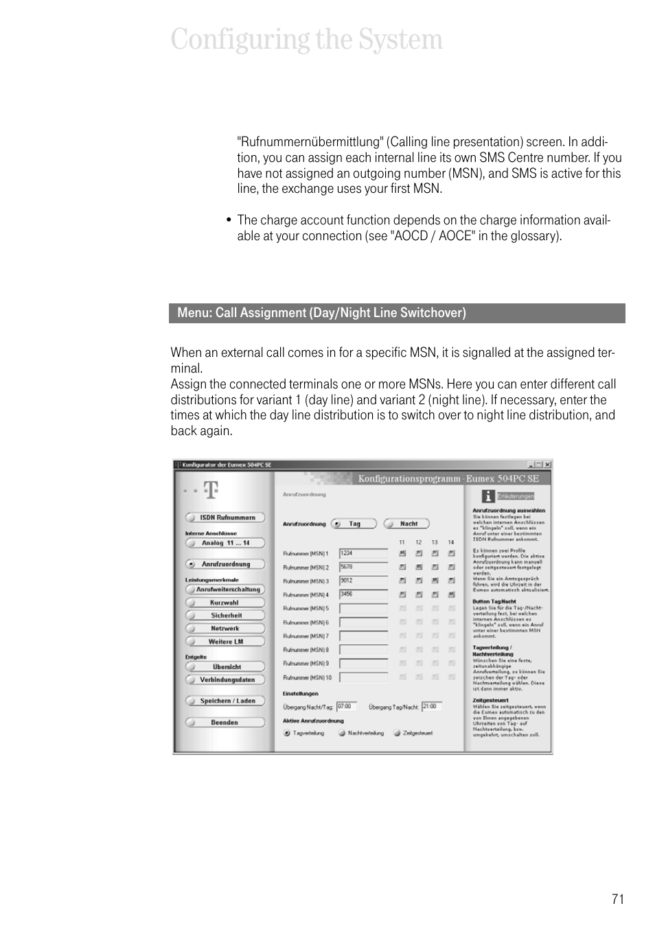 Menu: call assignment (day/night line switchover), Configuring the system | Deutsche Telekom T-Eumex 504PC SE User Manual | Page 79 / 120