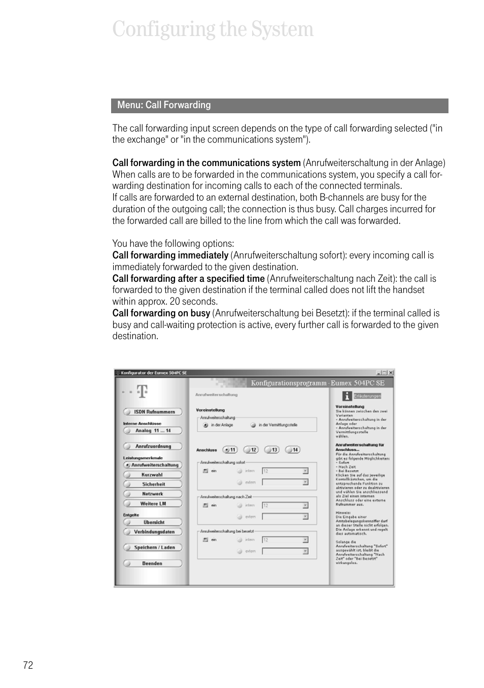 Menu: call forwarding, Configuring the system | Deutsche Telekom T-Eumex 504PC SE User Manual | Page 80 / 120