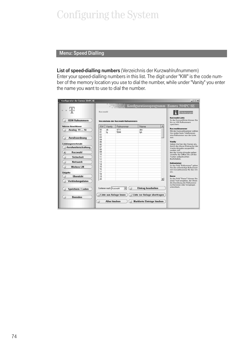 Menu: speed dialling, Configuring the system | Deutsche Telekom T-Eumex 504PC SE User Manual | Page 82 / 120