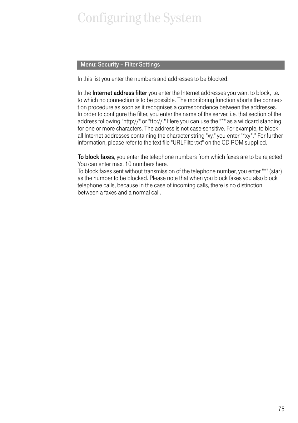 Menu: security – filter settings, Configuring the system | Deutsche Telekom T-Eumex 504PC SE User Manual | Page 83 / 120