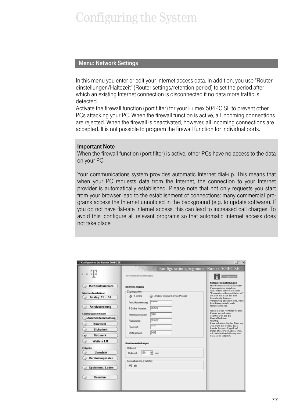Menu: network settings, Configuring the system | Deutsche Telekom T-Eumex 504PC SE User Manual | Page 85 / 120