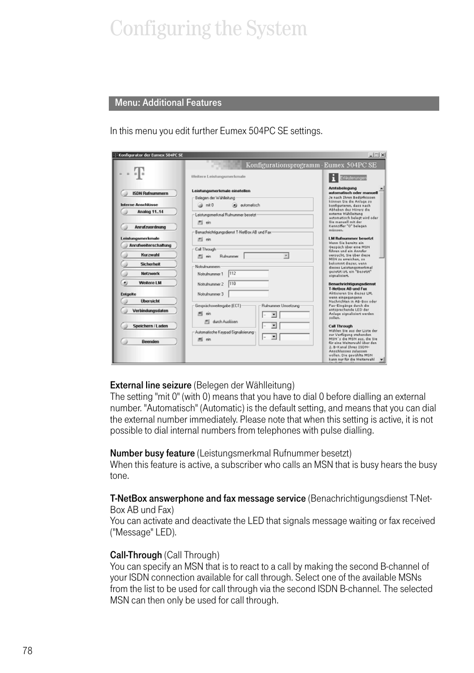 Menu: additional features, Configuring the system | Deutsche Telekom T-Eumex 504PC SE User Manual | Page 86 / 120
