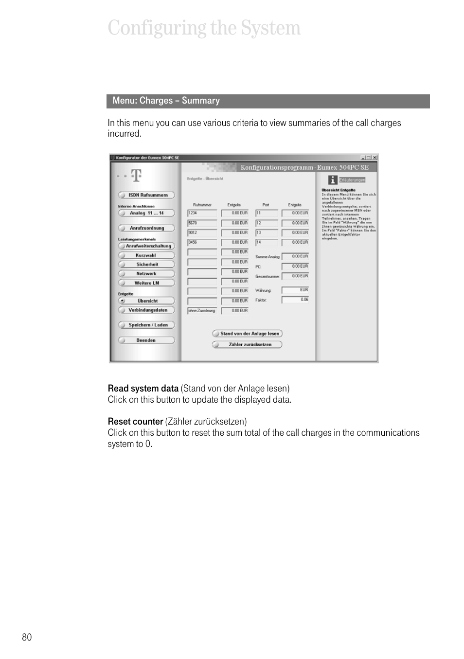 Menu: charges – summary, Configuring the system | Deutsche Telekom T-Eumex 504PC SE User Manual | Page 88 / 120