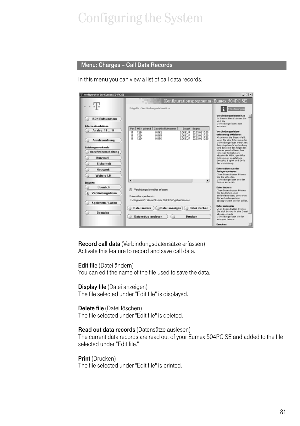 Menu: charges – call data records, Configuring the system | Deutsche Telekom T-Eumex 504PC SE User Manual | Page 89 / 120