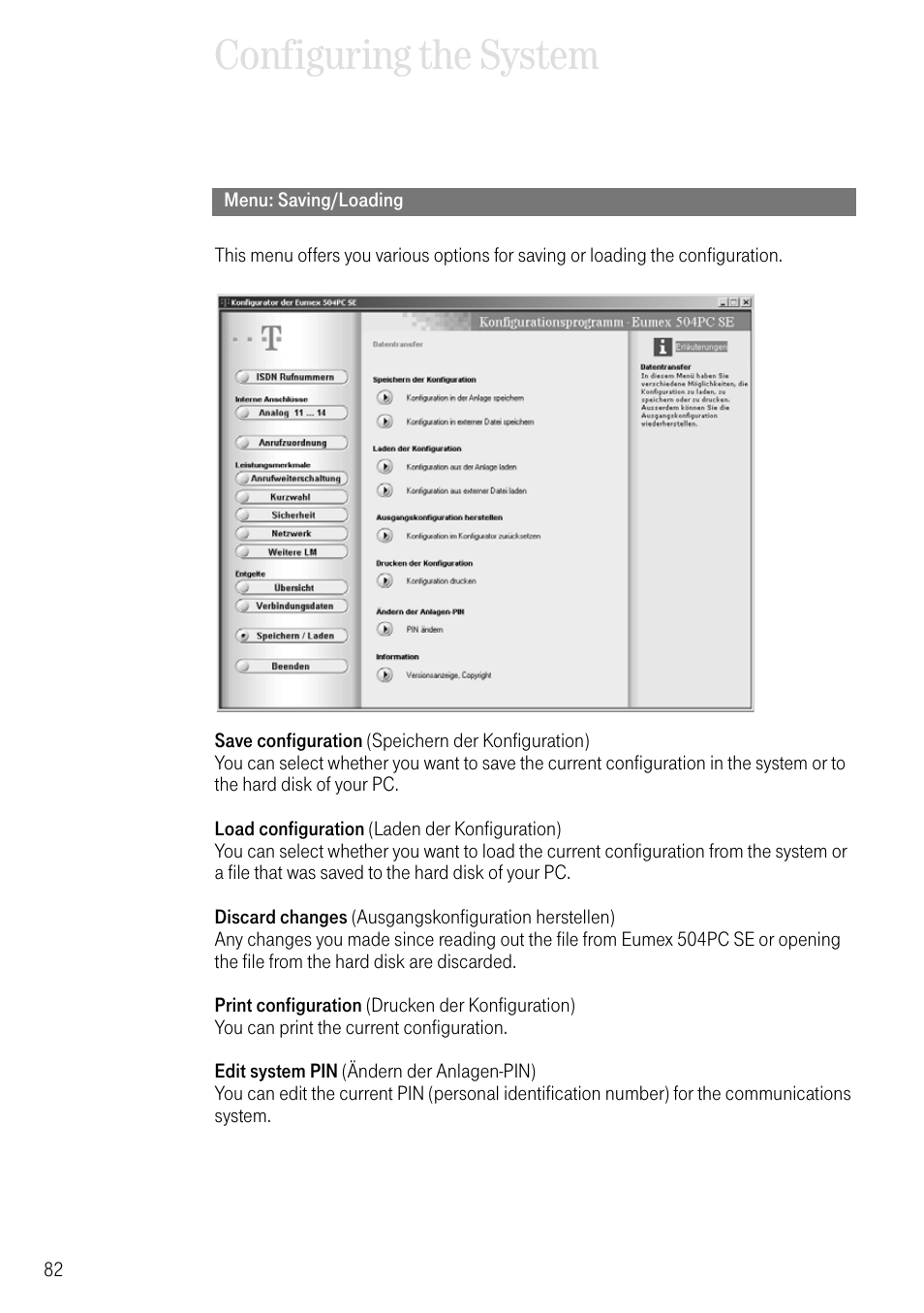 Menu: saving/loading, Configuring the system | Deutsche Telekom T-Eumex 504PC SE User Manual | Page 90 / 120