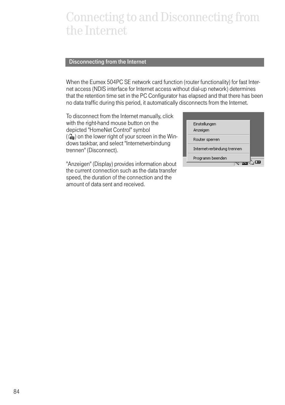 Disconnecting from the internet, Connecting to and disconnecting from the internet | Deutsche Telekom T-Eumex 504PC SE User Manual | Page 92 / 120