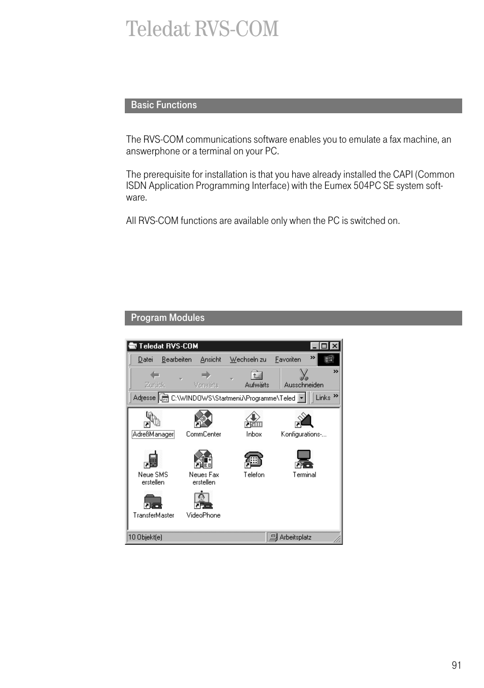 Teledat rvs-com, Basic functions, Program modules | Deutsche Telekom T-Eumex 504PC SE User Manual | Page 99 / 120