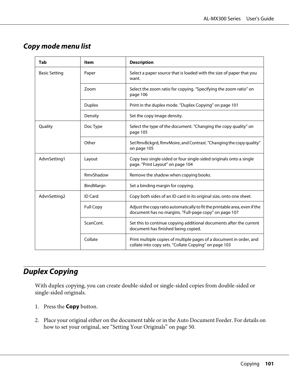 Copy mode menu list, Duplex copying | Epson WorkForce AL-MX300DN User Manual | Page 101 / 287