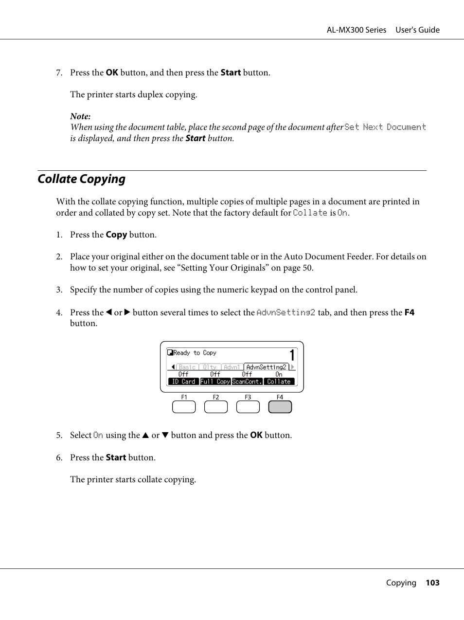 Collate copying | Epson WorkForce AL-MX300DN User Manual | Page 103 / 287