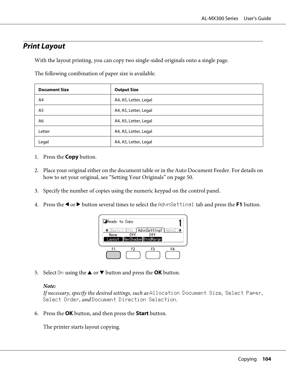 Print layout | Epson WorkForce AL-MX300DN User Manual | Page 104 / 287