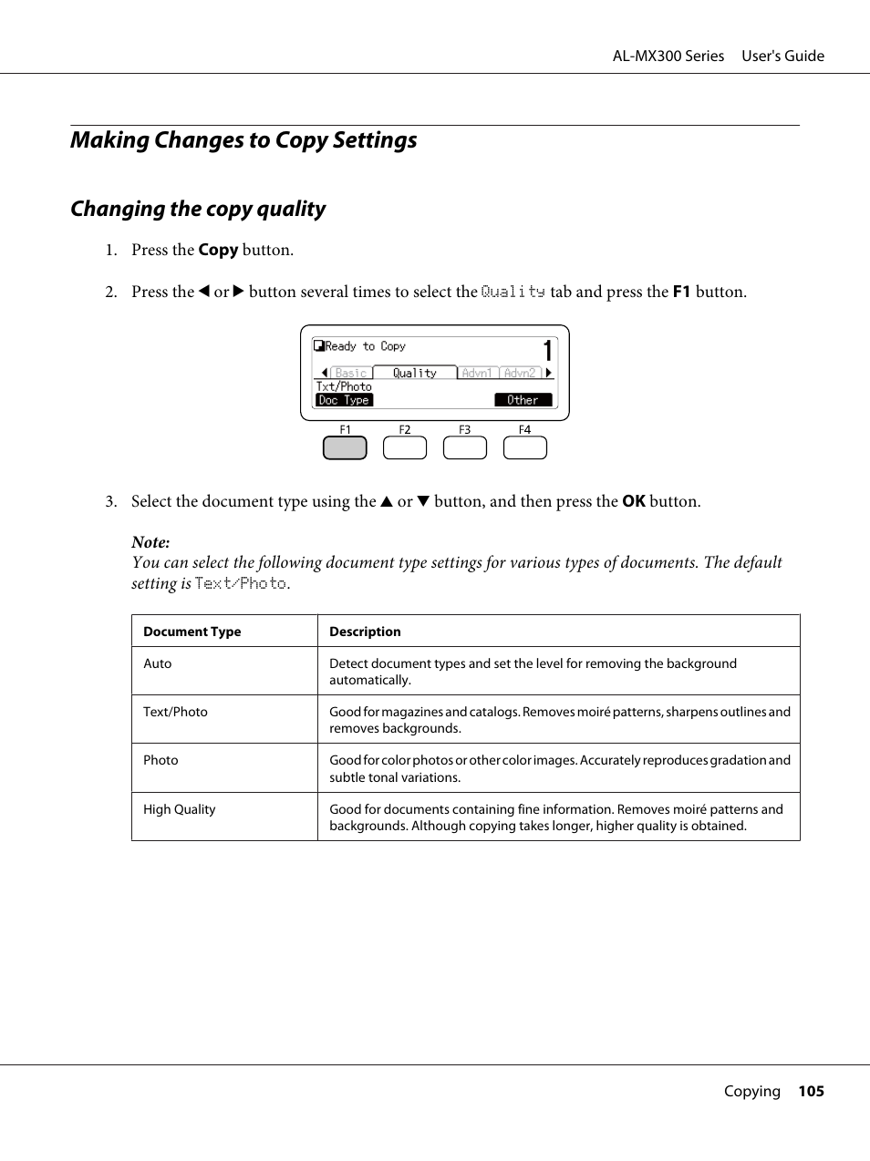 Making changes to copy settings, Changing the copy quality | Epson WorkForce AL-MX300DN User Manual | Page 105 / 287