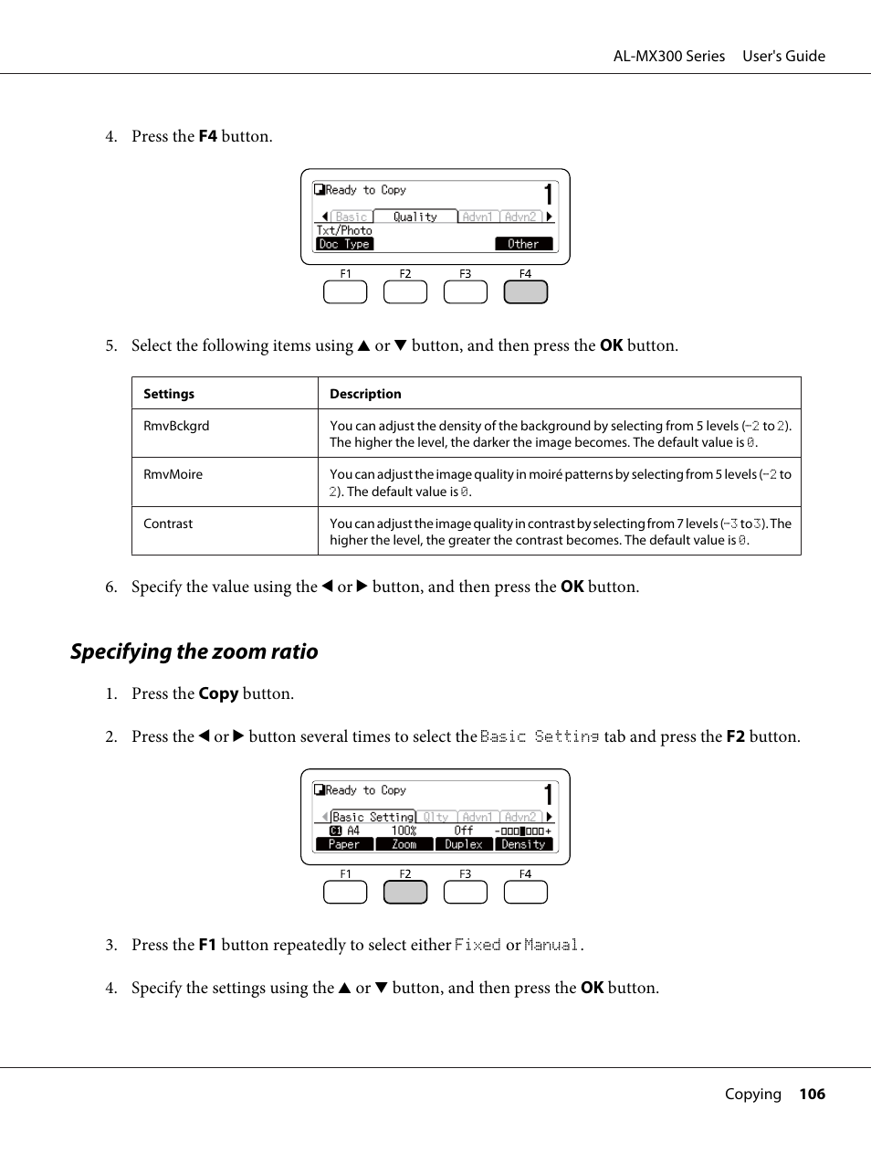 Specifying the zoom ratio | Epson WorkForce AL-MX300DN User Manual | Page 106 / 287