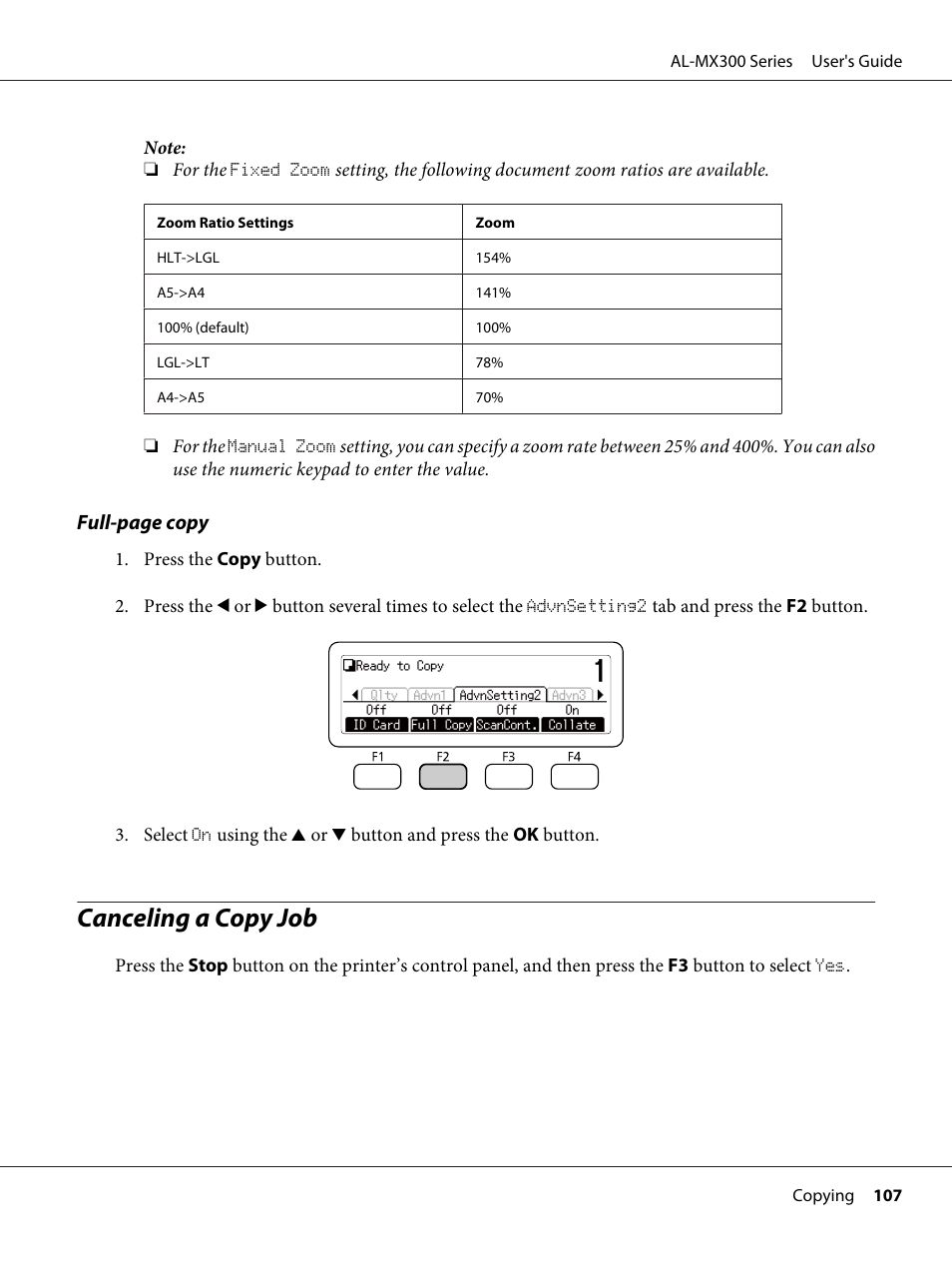 Canceling a copy job | Epson WorkForce AL-MX300DN User Manual | Page 107 / 287